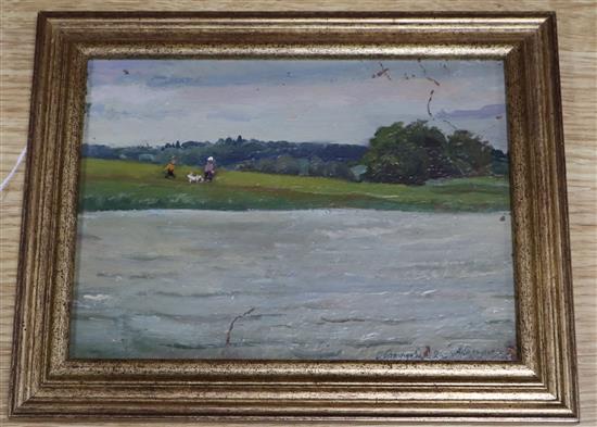 Russian School, oil on panel, Figures on a river bank, inscribed, 14 x 19cm